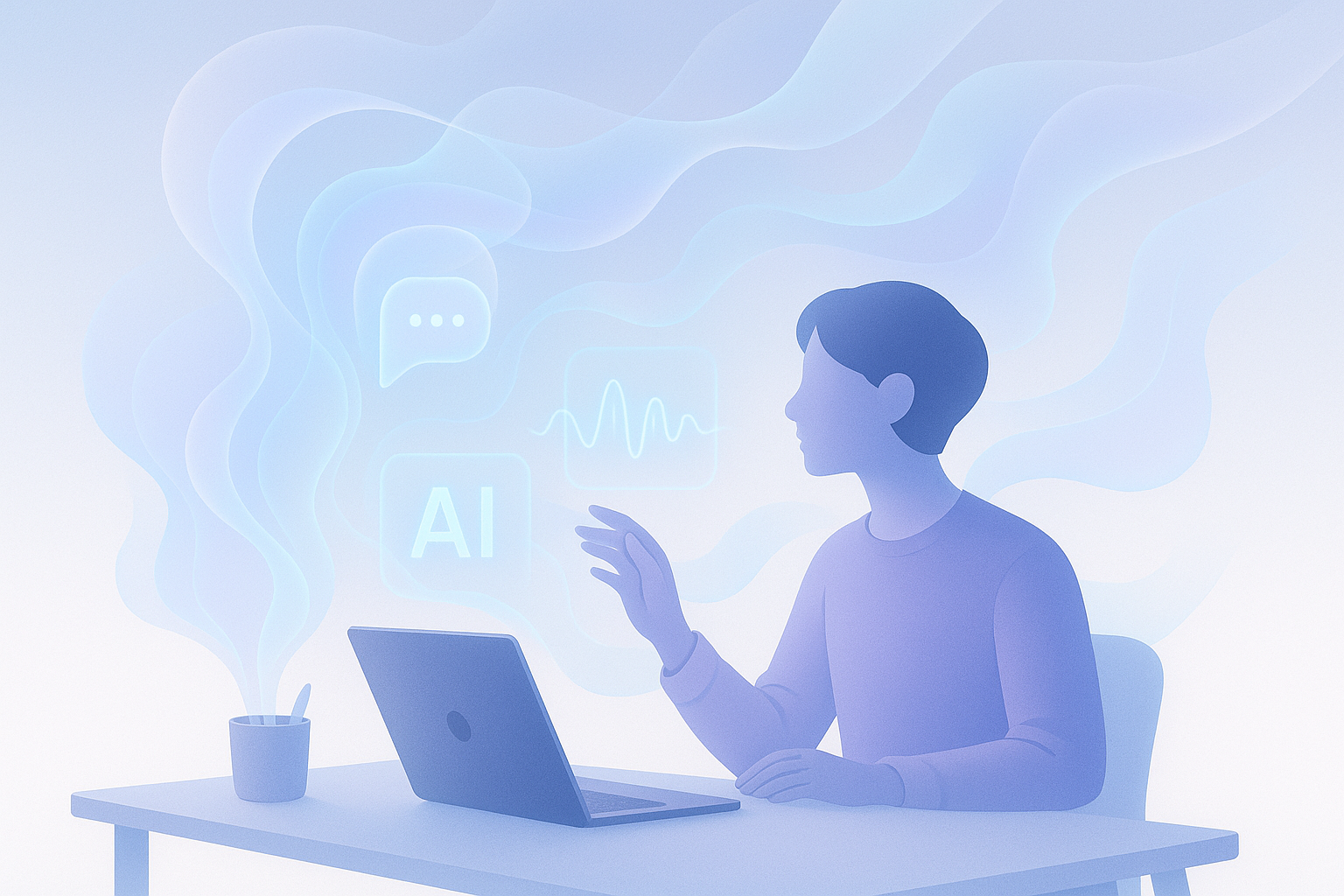 Abstract AI scene with person at laptop and flowing shapes
